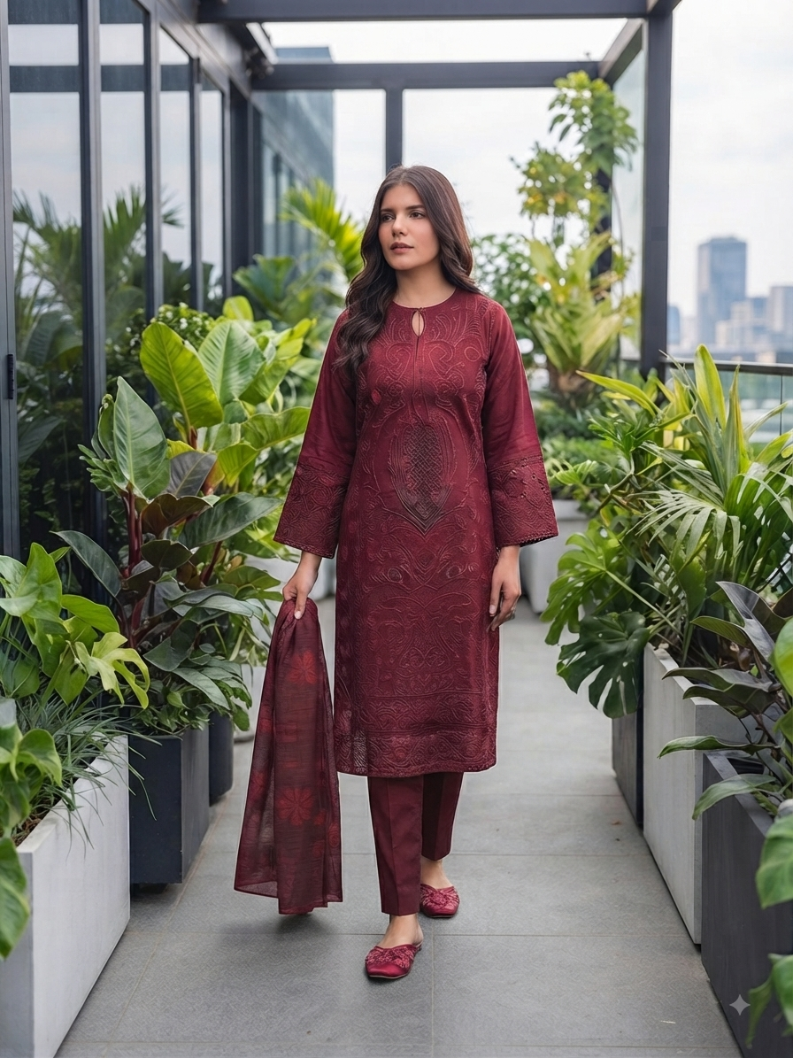 Deep Maroon Embroidered Lawn Suit with Matching Dupatta