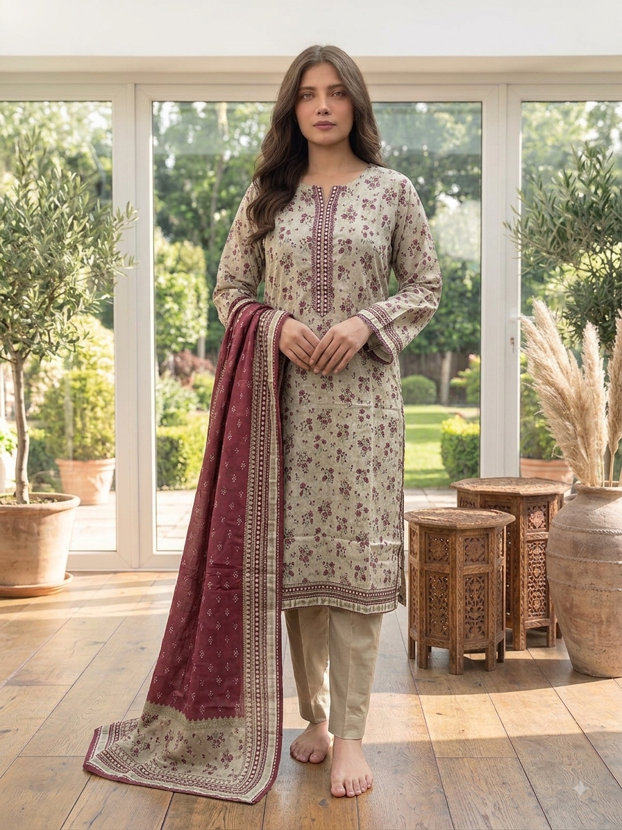 Ethereal Bloom: Printed Beige & Maroon Lawn Suit with Matching Dupatta