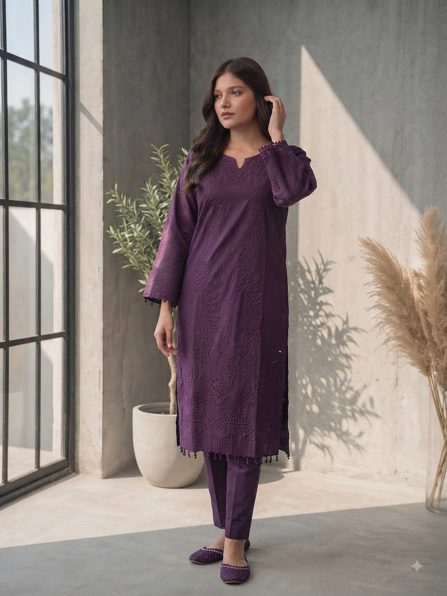 Deep Purple Embroidered Lawn Suit 3pc