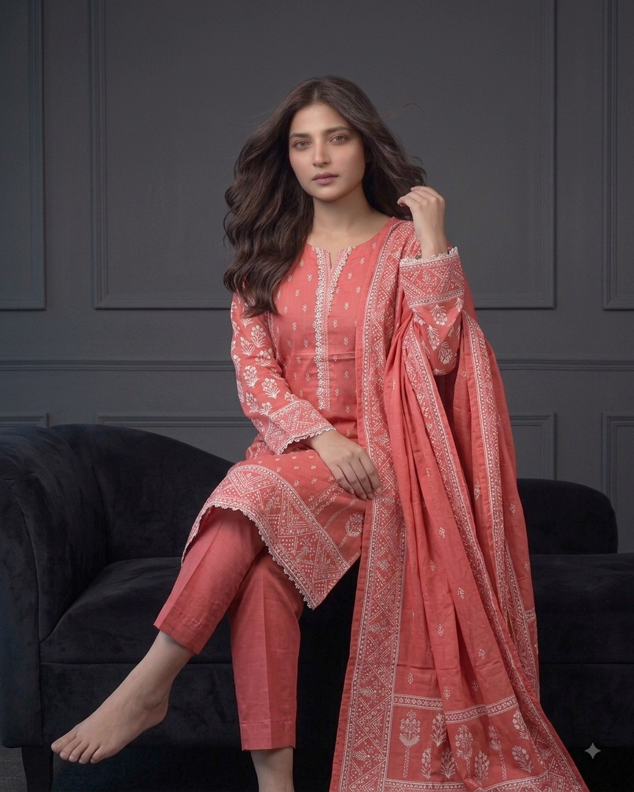 Bin Saeed - Printed Coral Lawn 3-Piece Suit with Matching Dupatta