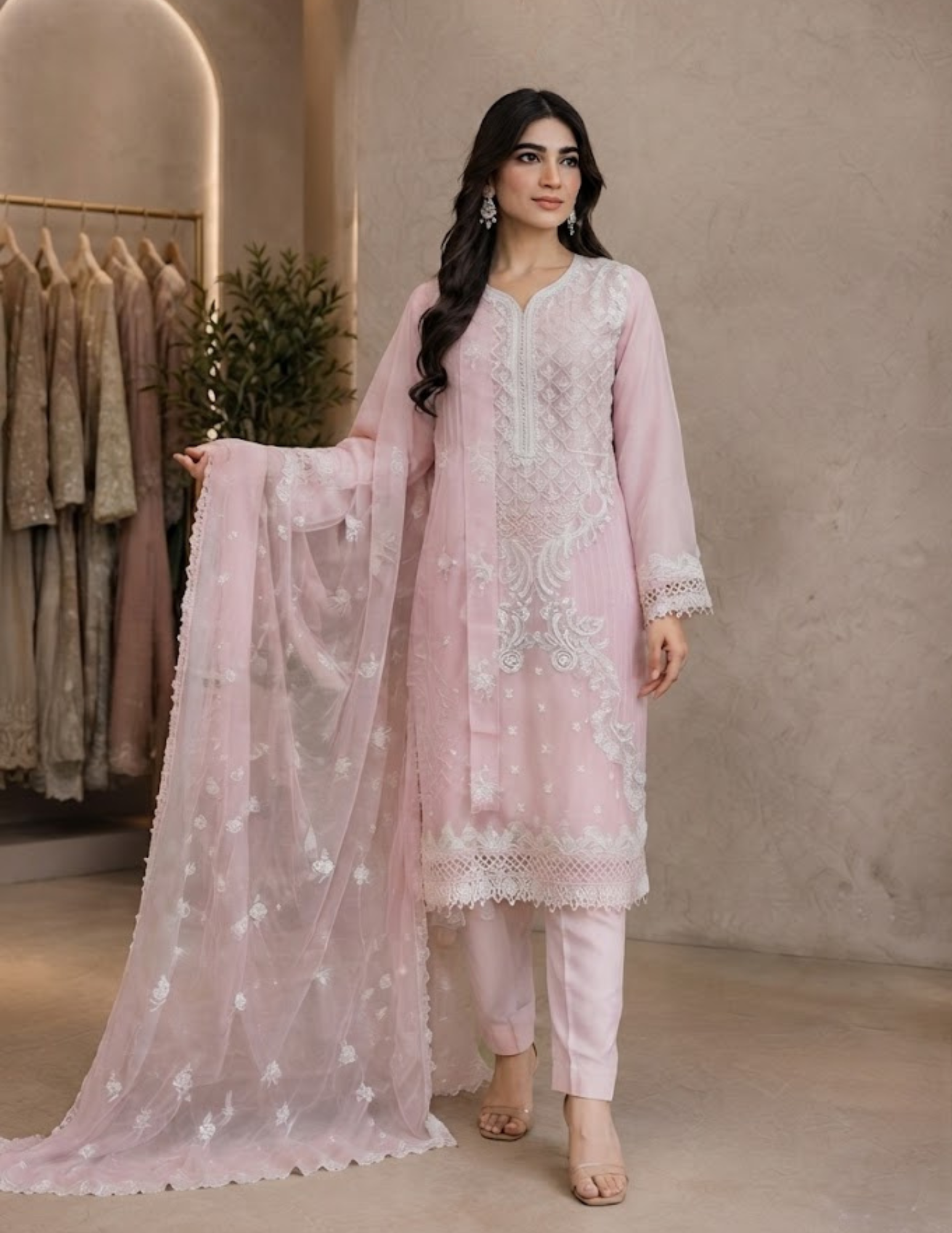 Agha Noor - Blush Royale Embroidered Chiffon Suit