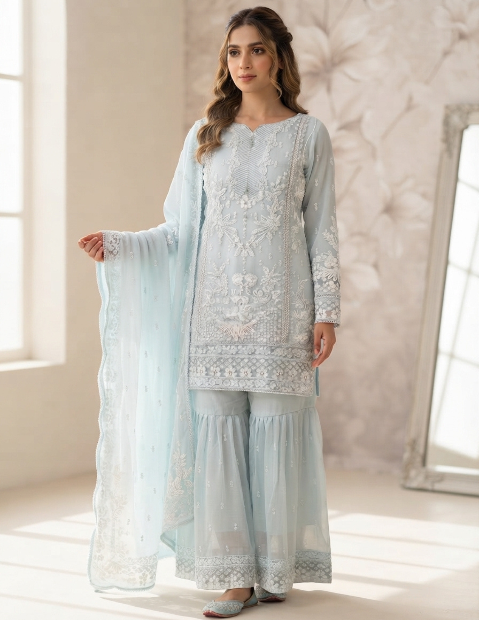 Agha Noor - Celestial Serenade Embroidered Chiffon Gharara Set