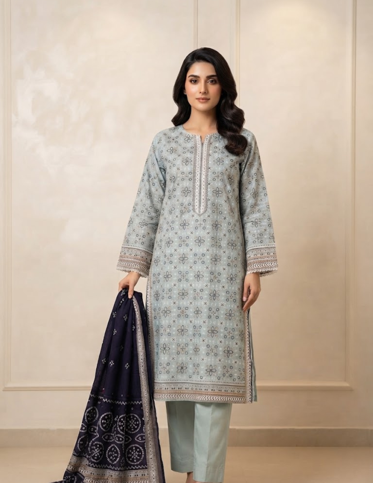 Bin Saeed Printed Lawn Ensemble (Seafoam Edition)